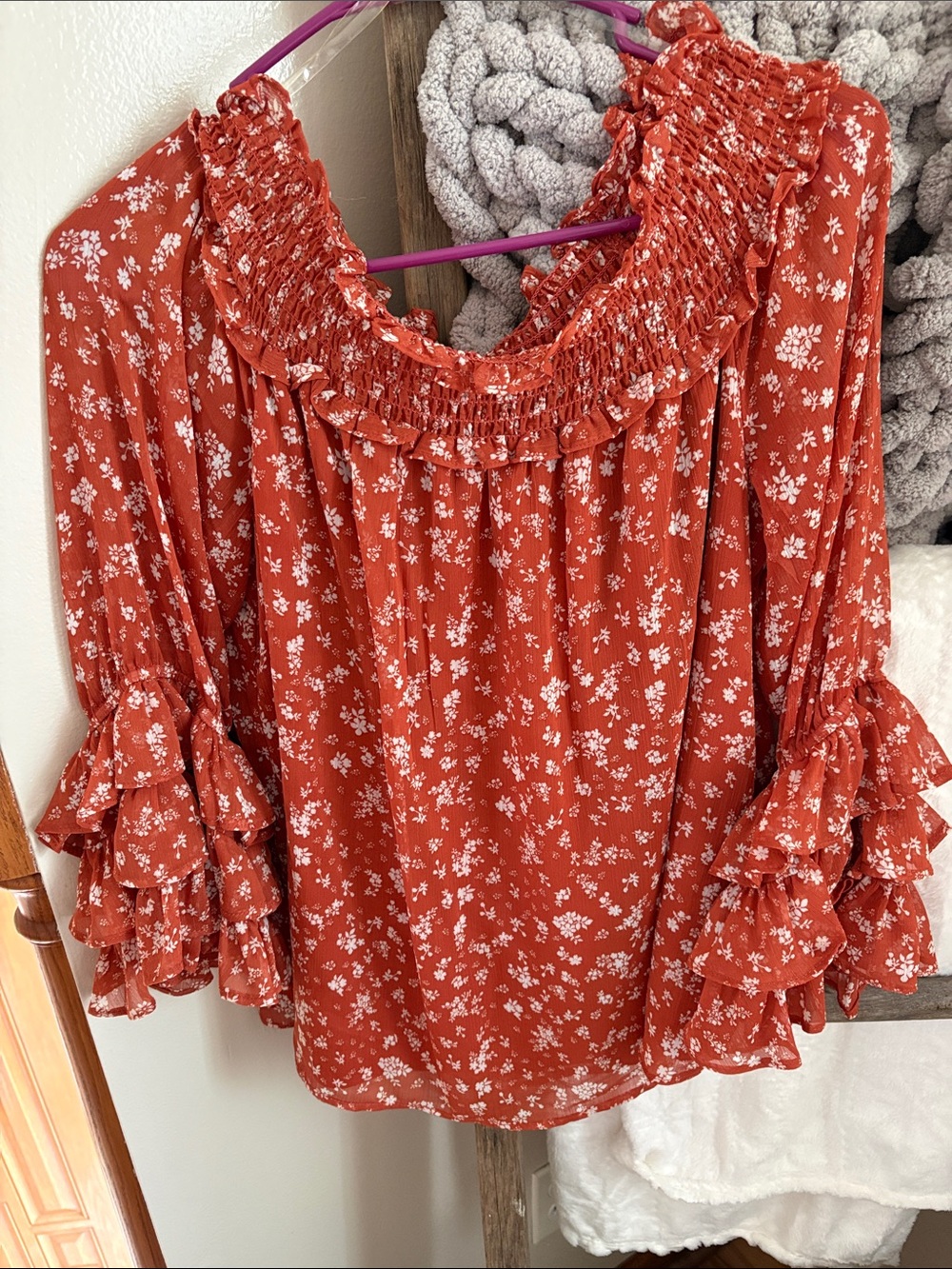 CeCe Burnt Orange Floral Smocked Ruffle Blouse